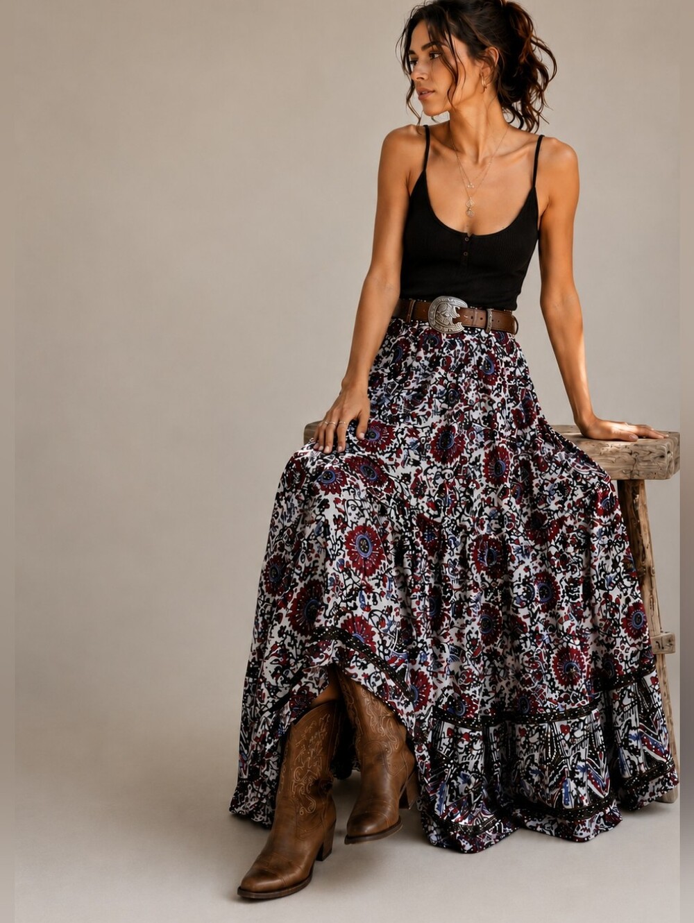 Floral Western Maxi Skirt | Boho Cottagecore Skirt with Full Sweep Hem